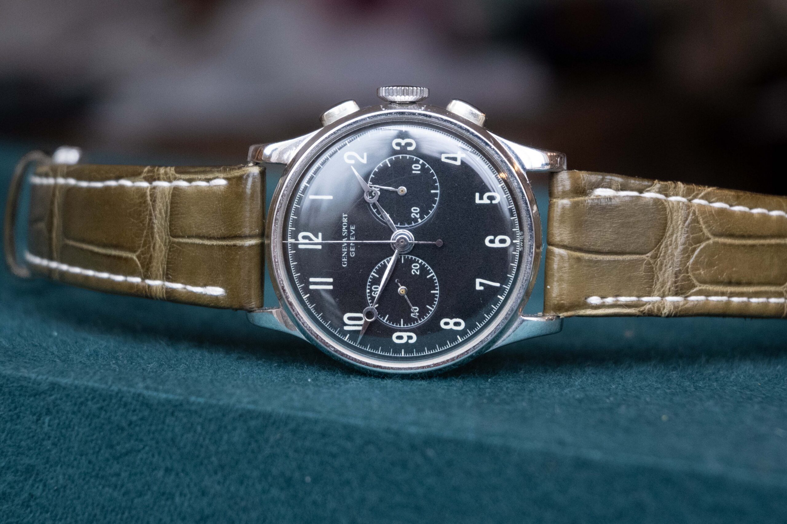 Geneva Sport white gold chronograph 1930s black dial 18k-7